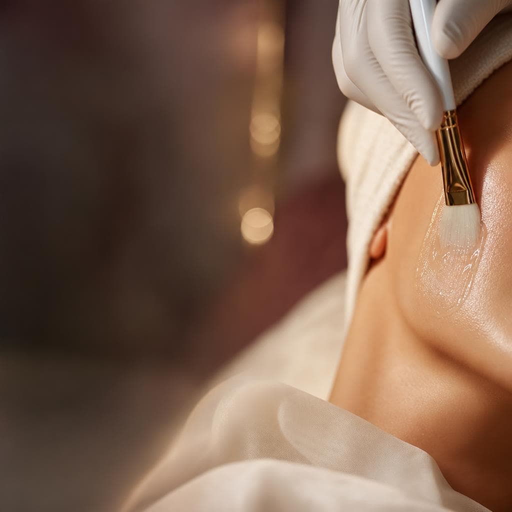 Cosmetologist applying a facial treatment with a brush