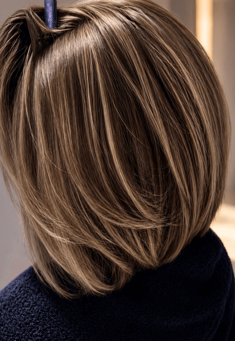 Close-up of shoulder-length hair with blended blonde highlights.