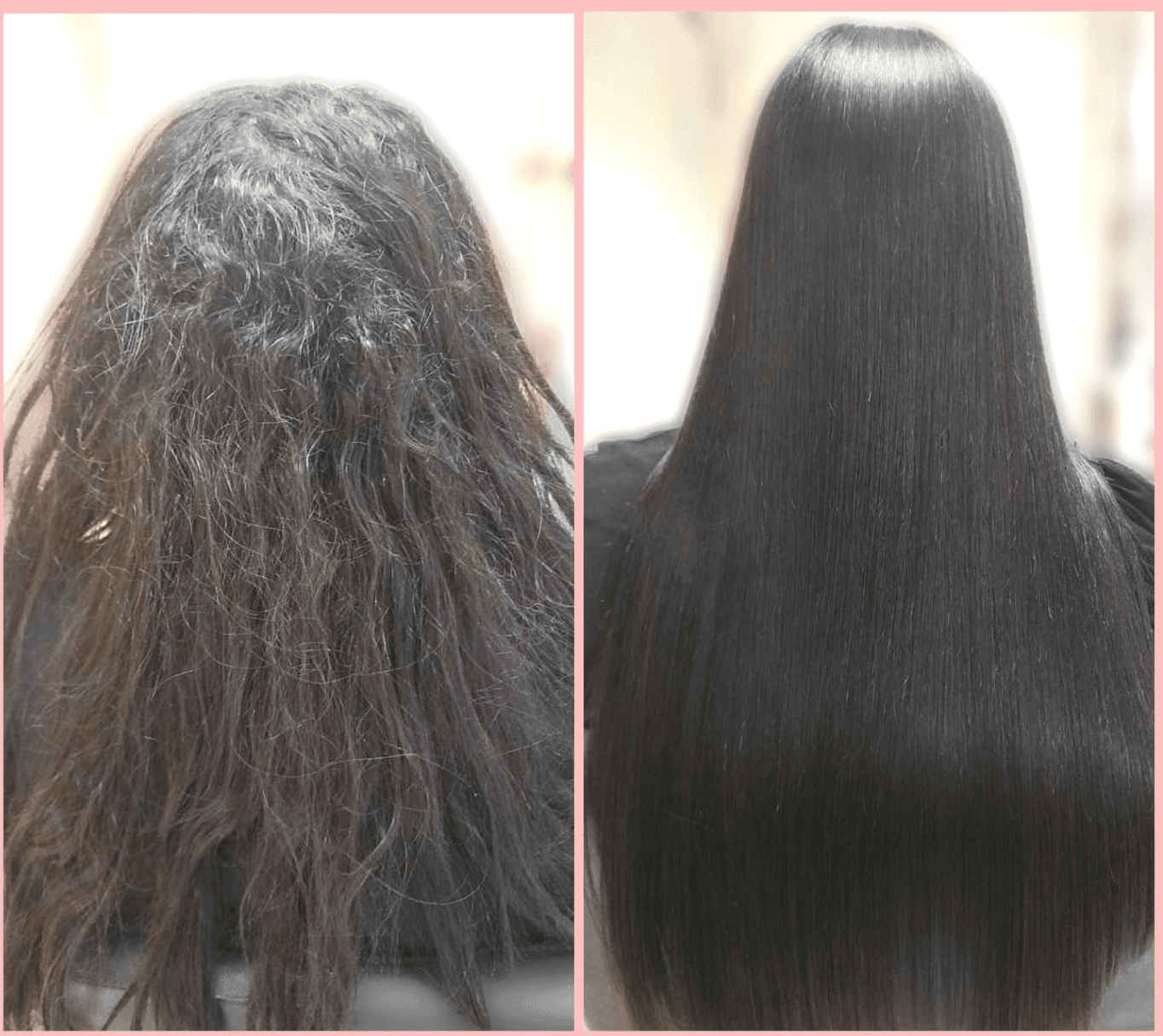 Before-and-after comparison of textured hair and a smoother, straighter keratin finish.