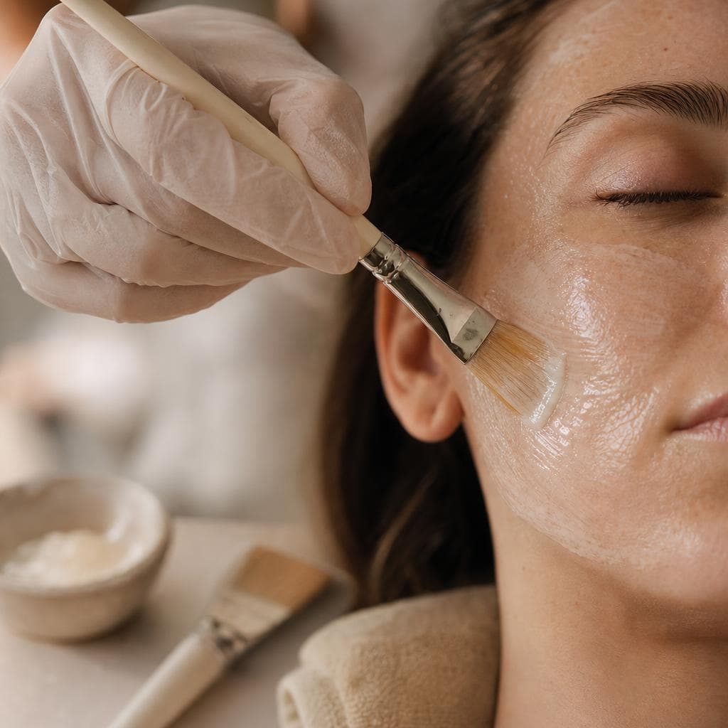 Professional applying a hydrating facial mask with a brush to a client's cheek