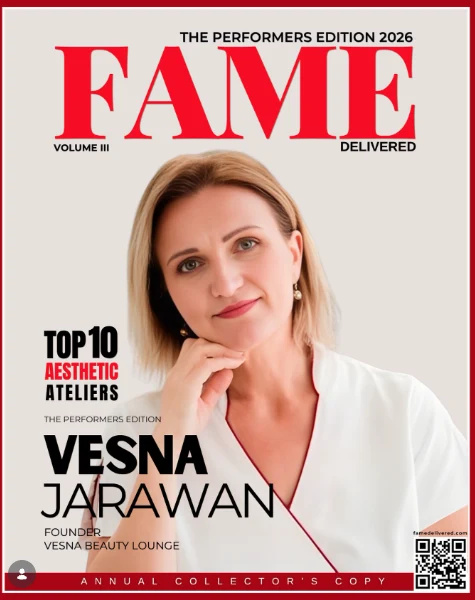 Fame Delivered Performers Edition 2026 cover featuring Vesna Jarawan among the Top 10 Aesthetic Ateliers.