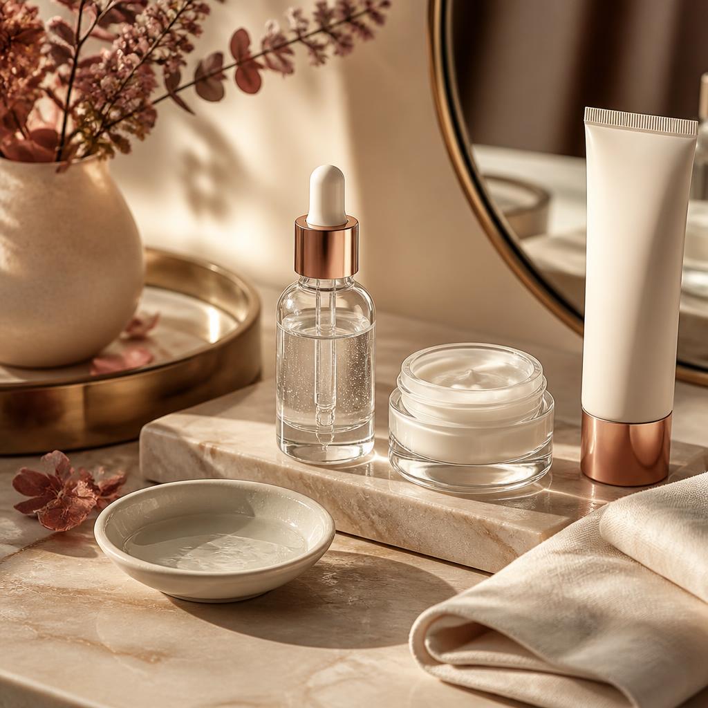 Unbranded hyaluronic-acid serum, moisturiser, sunscreen, and water arranged as a simple home skincare routine.