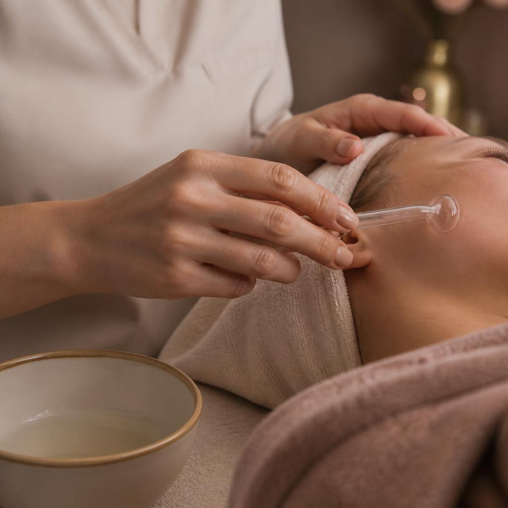 Cosmetologist performing a gentle hydration-focused facial treatment with an unbranded facial tool.