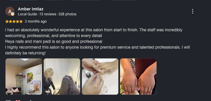 Google review from Amber Imtiaz praising their experience at Vesna Beauty Lounge.