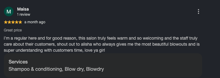 Google review from Maisa