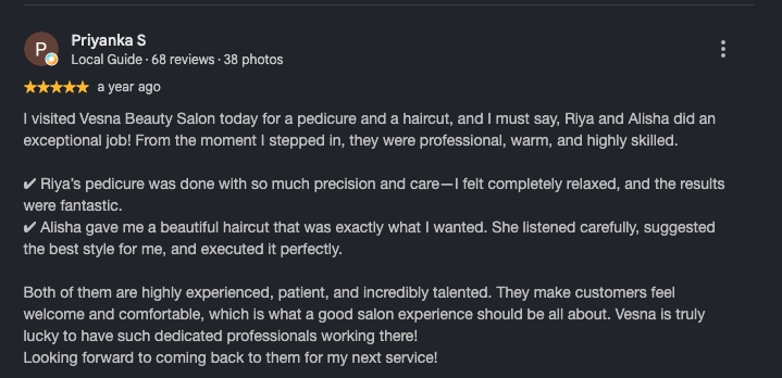 Google review from Priyanka S