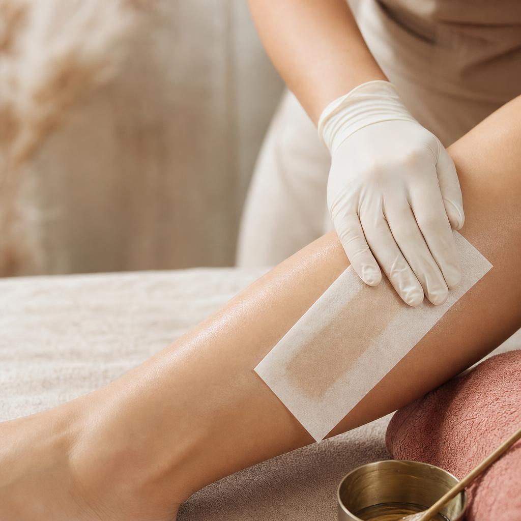 Gloved professional applying a waxing strip to a client's lower leg