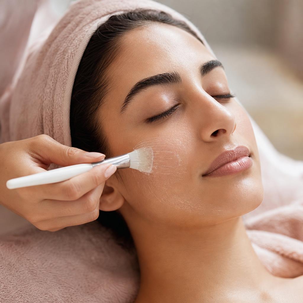 Facial treatment being applied with a soft brush to a client's cheek