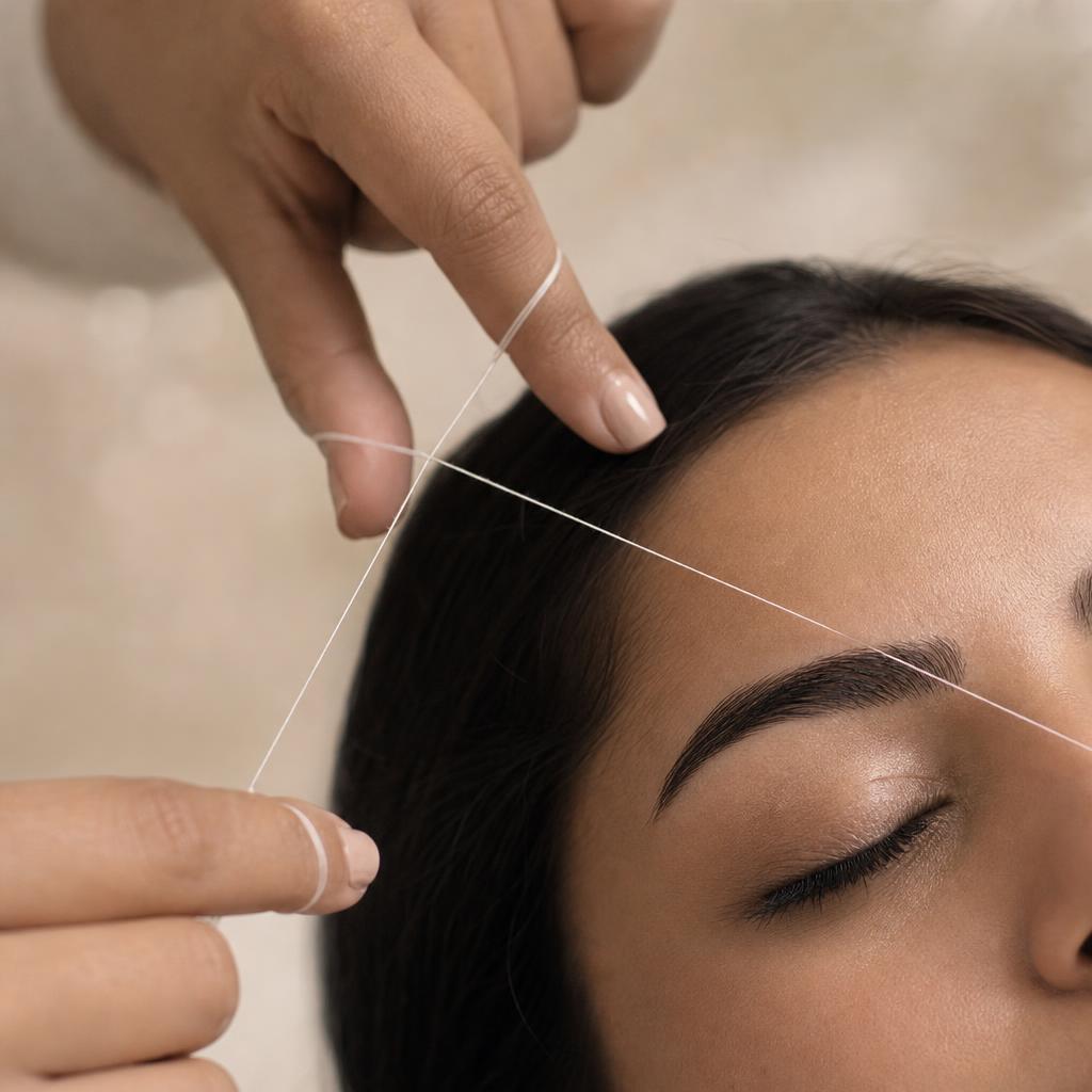 Beauty professional precisely threading a client's eyebrow
