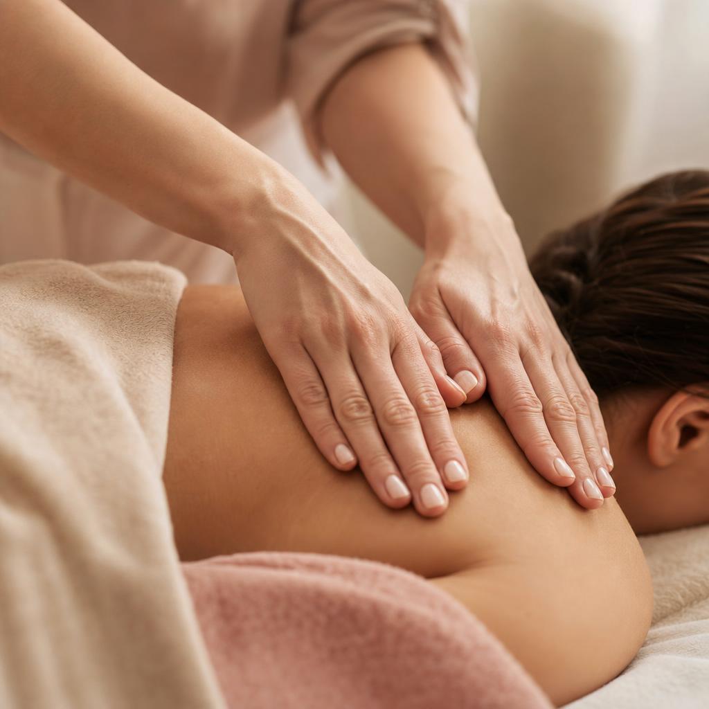 Massage therapist applying gentle pressure across a client's upper back
