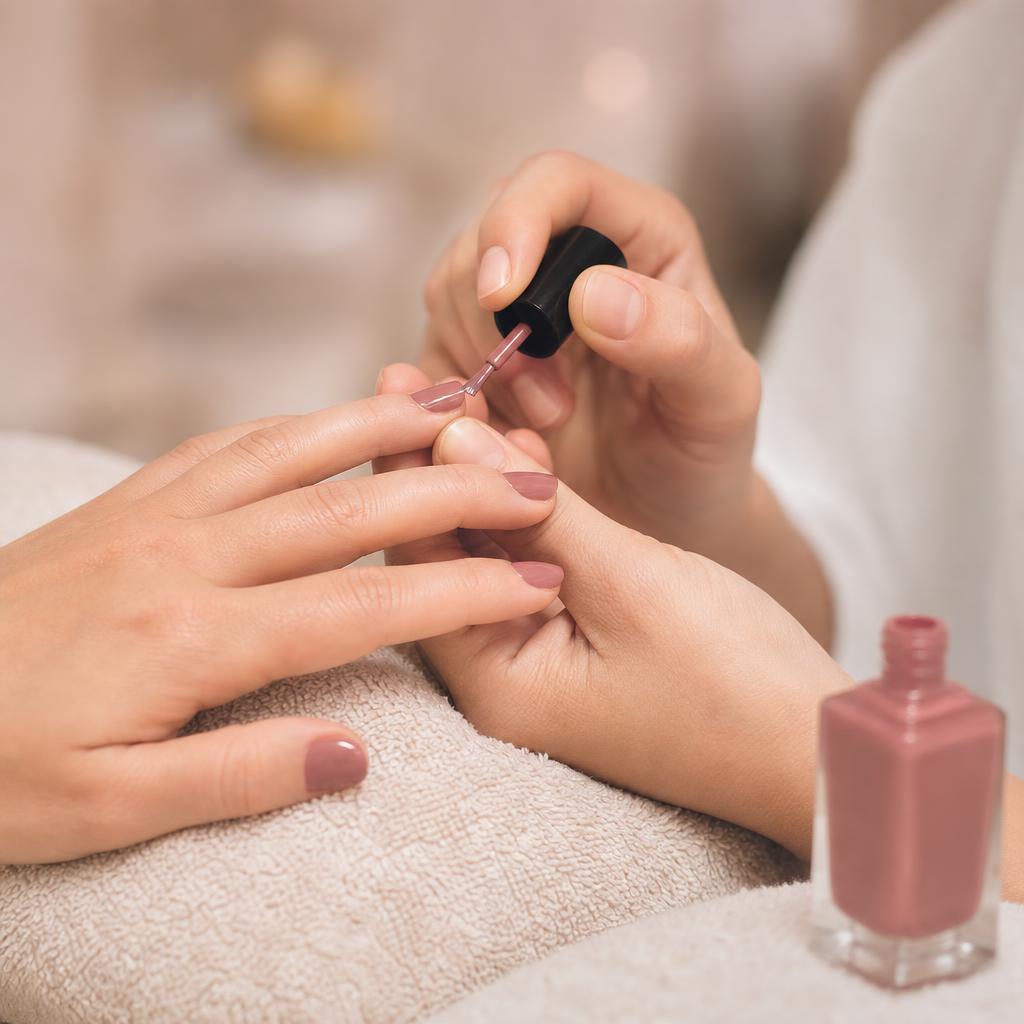Nail professional applying dusty-rose polish during a manicure