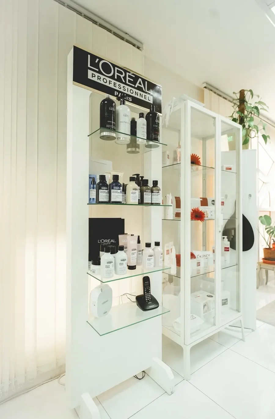 Professional haircare and skincare product shelving at Vesna Beauty Lounge