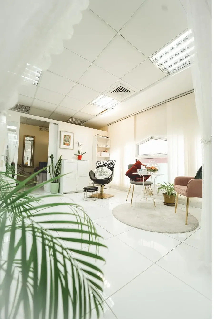 Comfortable reception lounge inside Vesna Beauty Lounge in Al Nahyan